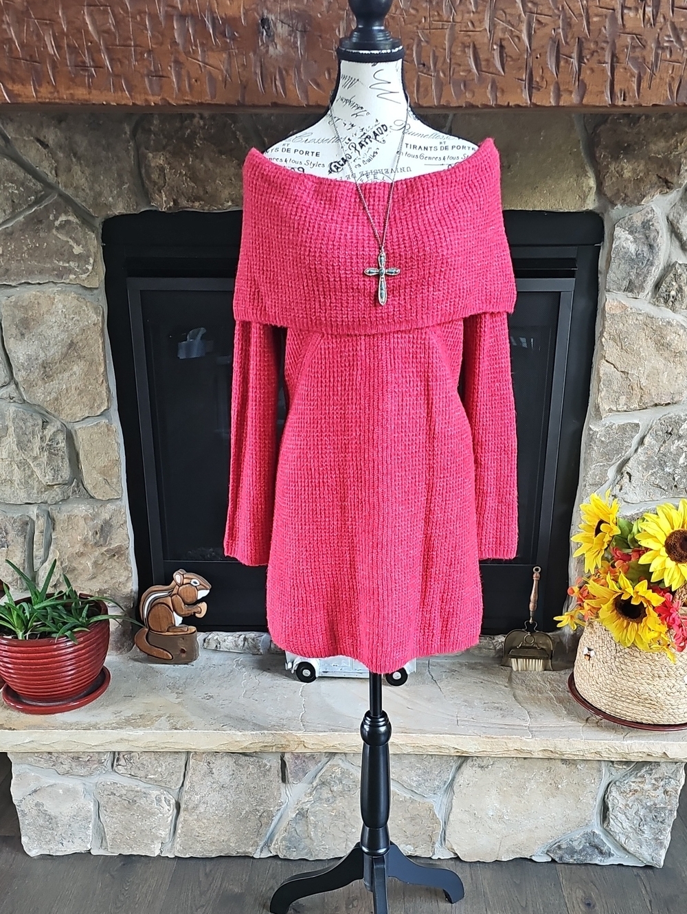 Candie’s Red Knit Sweater Dress Off Shoulder Cowl Neck Stretch S